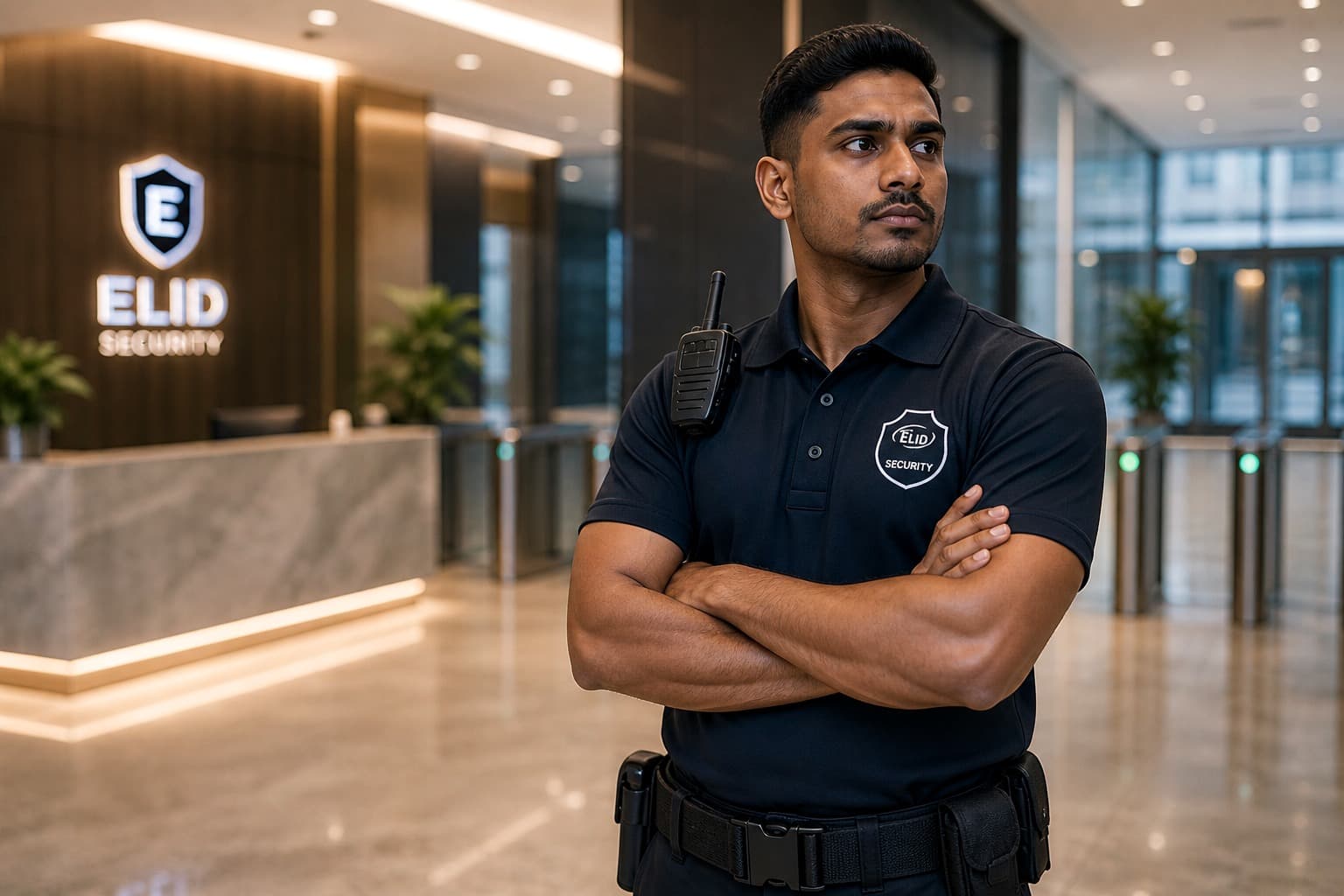 ELID male security officer in a commercial lobby